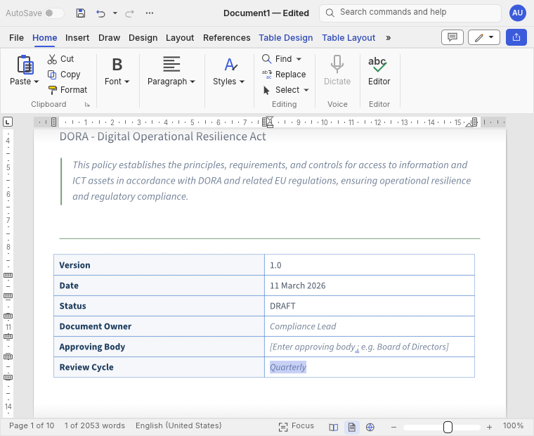 Policy cover with the title Access Review Policy, Document Owner set to Compliance Lead, and Review Cycle set to Quarterly. Quarterly is selected.